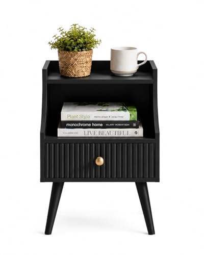 Image of ETIQUETTE ART Modern Fluted Nightstand with Drawer and Open Storage Shelf, Bedside Table with Round Edge, Boho Night Stand with Solid Wood Legs & Knob Handle End Table for Bedroom (Black)