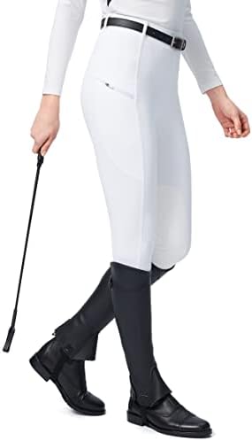 SANTINY Women's Horse Riding Pants with Zipper Pockets Knee-Patch Schooling Tights Equestrian Breeches for Women, White, Medium - 1