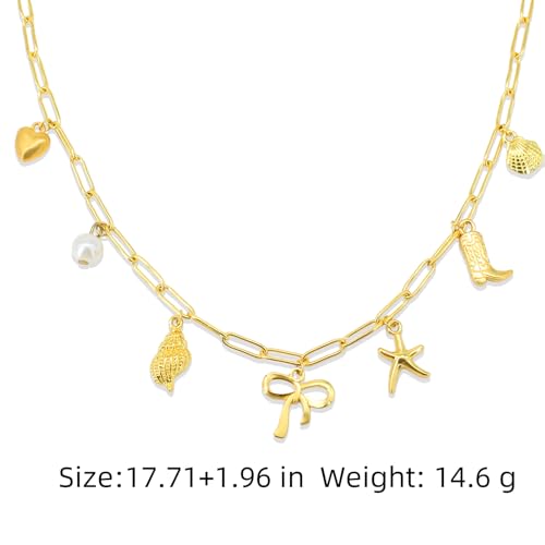 Gold Plated Paperclip Chain Beach Charm Necklace for Women Cute Shell Bow Dainty Beachy Starfish Pearl Seashell Strawberry Fruit Heart Mermaid Summer Jewelry Gift 6