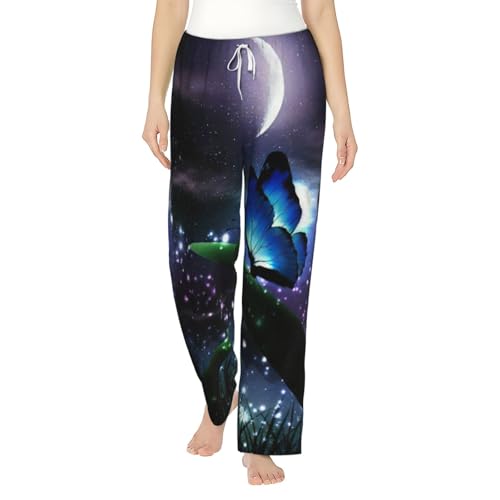 Pantalon de pyjama papillon en flanelle pour femme avec poches