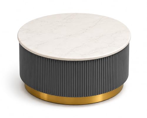 Image of Premium Luxury Marble-Top Wooden Center Table with Louvers & Acrylic Wooden Base | Premium Coffee Table for Living Room & Office (Gray)