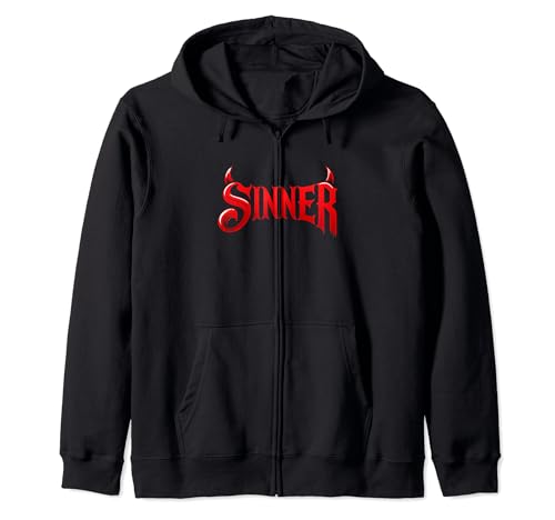 Bold Fiery Red Sinner Text with Devilish Accents Zip Hoodie