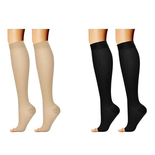 QKURT 2 works Medical Compression Socks, High Stretch Open Toe Calf Socks 15-20 mmhg Compression Sports Health Socks for Women Men