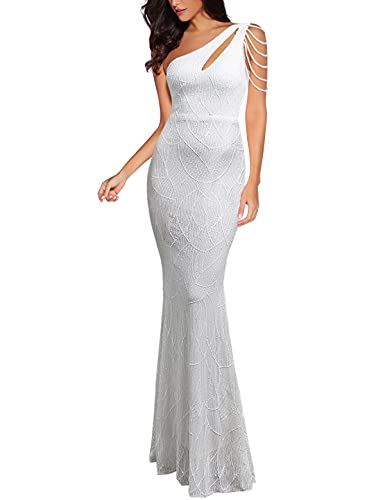 Image of Women One Shoulder 1920s Plus Size Formal Dress Tassels Sleeve Sequins Gatsby Maxi Evening Gown