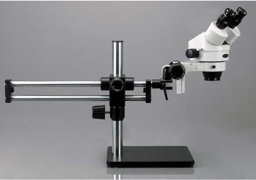 Image of AmScope SM-5BX-FRL Professional Binocular Stereo Zoom Microscope, WH10x Eyepieces, 3.5X-45X Magnification, 0.7X-4.5X Zoom Objective, 8W Fluorescent Ring Light, Ball-Bearing Double-Arm Boom Stand, 110V-120V, Includes 0.5X Barlow Lens
