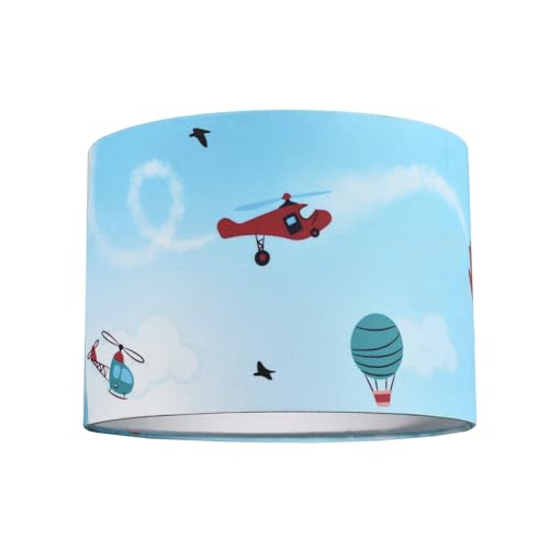 Cute Sky Blue Kids Lampshade with Planes Hot Air Balloons and Helicopter Designs | 25cm Diameter | 60w Maximum | Inner Cotton Lining by Happy Homewares