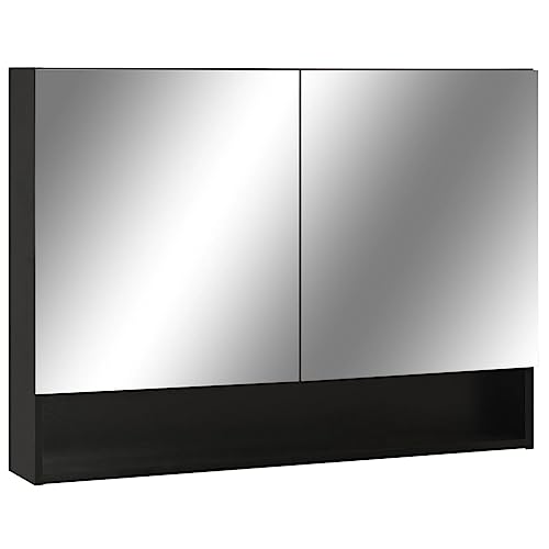 vidaXL Armario de Espejo de Baño Aseo Almacenamiento Almacenaje Mueble Estante para Lavadero Ordenado Robusto Estable con LED MDF Negro 80x15x60 cm