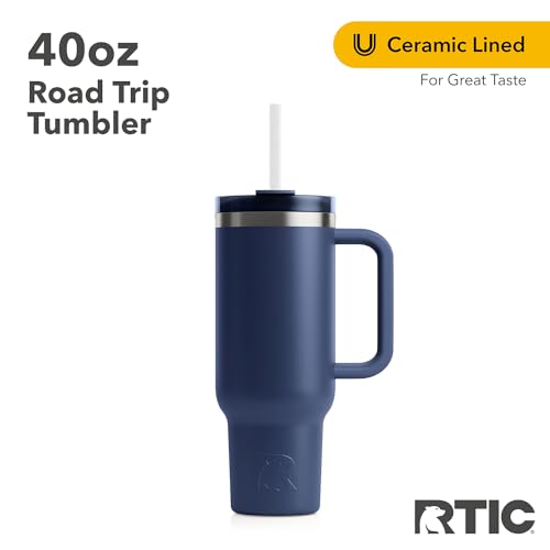 RTIC 40 oz Road Trip Tumbler Double-Walled Insulated Stainless Steel Portable Travel Coffee Mug Cup with Lid, Handle and Straw, Ceramic-Lined, Navy - Image 4