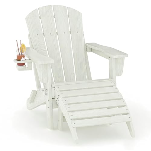 Folding Adirondack Chair Set of 2 with Ottoman, All-Weather HDPE Outdoor Chair, Wooden Textured with Cup Holder for patios, Decks, Gardens, fire pits,
