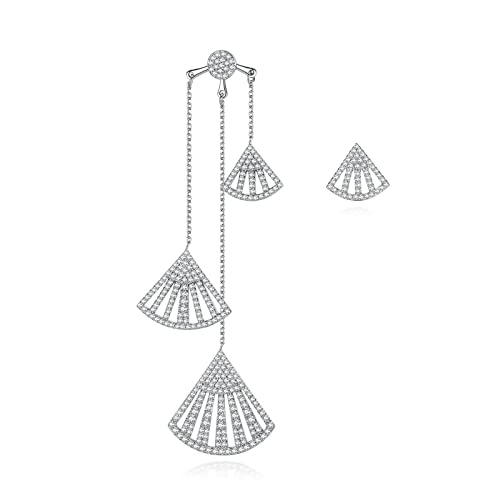 Unique Stud Earrings for Women, Copper Earrings Western White Gold Asymmetric Fan-Shaped with Cubic Zirconia 16MM Ear Jewelry