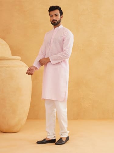 Image of SOJANYA (Since 1958 Men's Cotton Long Kurta with Geometric Embroidery - Straight Fit Diwali Festival Ethnic Outfit