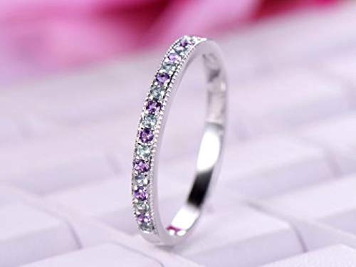 Amethyst Alexandrite Wedding Band Milgrain Half Eternity Ring 14k