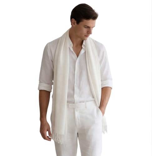 LA FERANI Herren Sommerschal Kaschmir weiss 200x70cm extra dünn leicht für formelle Anlässe Anzug elegant Stil Klassik extra geschmeidig Herrenschal (Weiß)