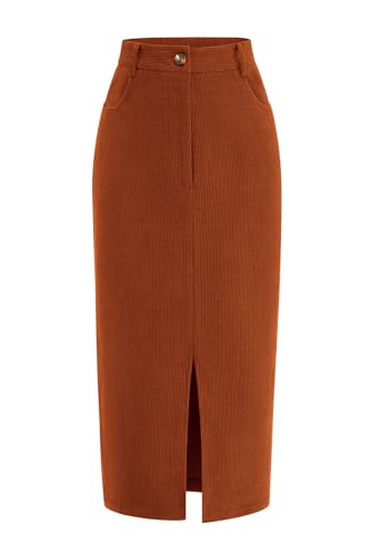 PRETTYGARDEN Corduroy Skirt Women Fall Fashion 2026 High Waisted Pencil Midi Skirts Business Casual Work Office Winter Outfit (Caramel,4)