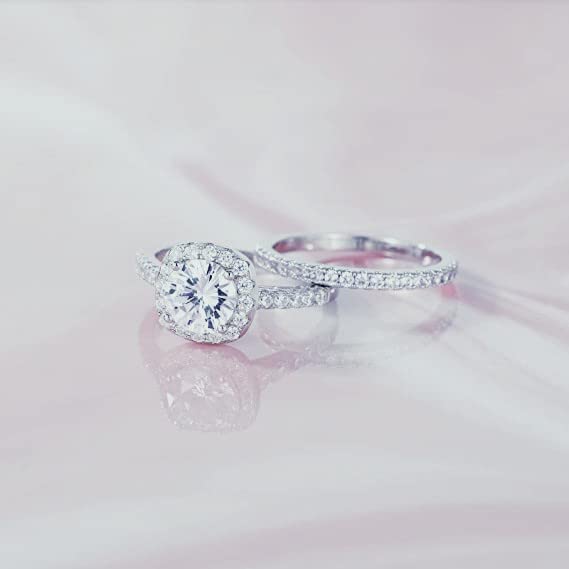 SUKKCCNO Fashion Ring Set Cushion Cut 2PCS Zircon Stone 925 Sterling Silver Engagement Wedding Band Ring Promise Rings Anniversary Wedding Bands for Women Girls (10)