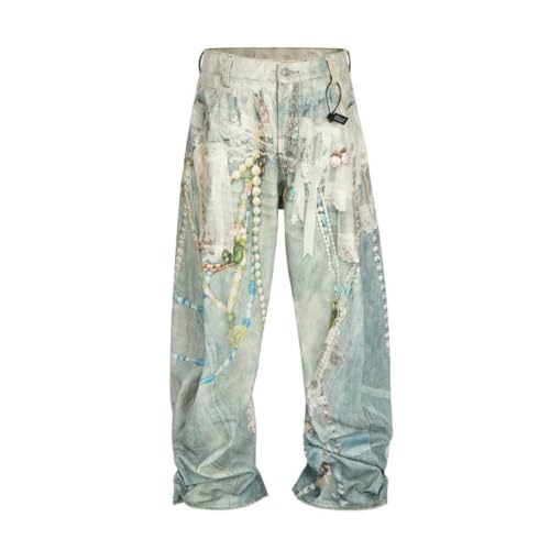 COOLMONAR Men’s 3D Digital Printed Baggy Jeans Loose Streetwear Barrel Pants (US, Alpha, X-Large, Regular, Regular, Chain Print-1)