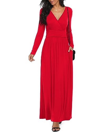 Image of LILBETTER Women Long Sleeve Deep V Neck Loose Plain Long Maxi Casual Dress
