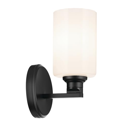 Image of Kichler Gioe 5 inch 1-Light Wall Sconce Bathroom Light Fixture with Opal Glass in Black, Damp Rated for Powder Room, Kitchen, Hallway, Bedroom (5 inch x 9.5 inch x 5 inch), 55224BK