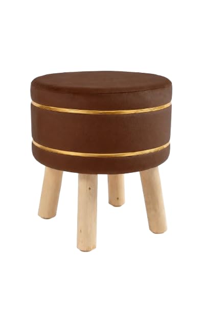 Round Velvet Ottoman Stool with Storage for Living Room | Modern Puffy Pouffe Seat with Wooden Legs | Stool for Bedroom, Dressing Table, Vanity, Office & Home Decor (Brown)-image-49