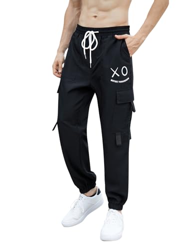 OYOANGLE Men's Casual Graphic Print Elastic Waist Y2K Street Cargo Pants with Pockets Joggers