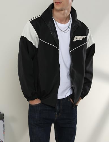Yimoon Men's Lightweight Windbreaker Jacket Casual Zip Up Outdoor Varsity Jacket Patchwork Vintage Y2K Outerwear2
