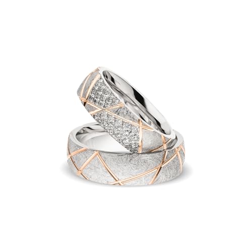 Kolibri Rings Eheringe Set Rot Vergoldet 925 Silber Eismatt Gitternetz mit 26 Zirkonia Steine in Verschnittfassung | Made in Germany | Partnerringe Paarpreis mit Gravur Etui