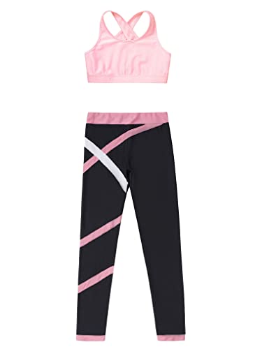 YEAHDOR Kids Girls 2 Pcs Sport Outfit Gymnastics Dance Athletic Outfits Sleeveless Crop Top with Leggings Set Dancewear Black Pink 12 Years3