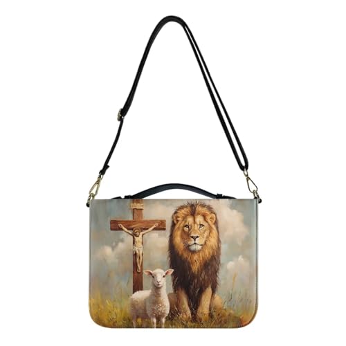 Lion Sheep Cross Print Bible Cover Case Faux Leather Study Bible Carrying Cases Lightweight Bible Carrier Tote Bag Handbag with Detachable Shoulder Strap Bible Journaling Supplies, L