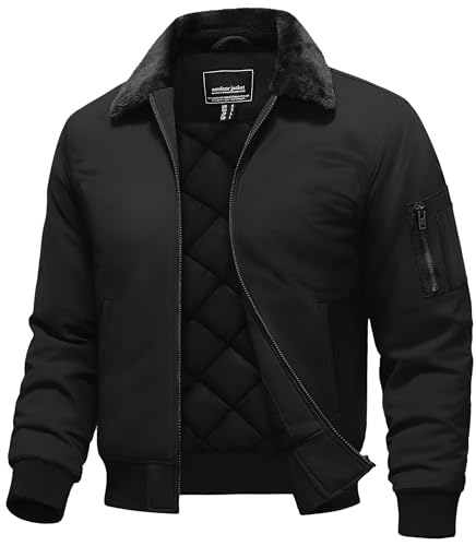 Image of TACVASEN Men's Fleece Jacket Full Zip Up Warm Bomber Jackets for Daily Wear | Winter thick jacket coat for men , fur collared bomber style with 4ple pockets for travel, outdoor walking