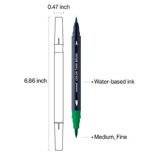 MONAMI Color Twin Brush Dual Brush Pen Double Tipped Fine & Medium Marker for Coloring Book/Calligraphy/Lettering/Illustrations, Forest 6-Pack (Green,Light Green,Peacock Green,Olive,Brown,Black)