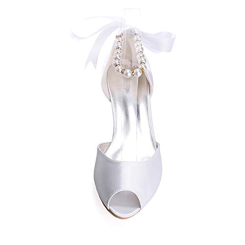 Women's Pearl White Wedding Shoes for Bride Low Heel Open Toe Satin Bridal Shoes Prom Party Dress Pumps Sandals2