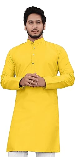 Image of Cotton Blend Full Sleeve Long Plain Kurta for Men