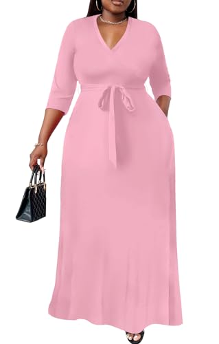 Image of Nmoder Plus Size Maxi Dress for Women - Summer Casual 3 /4 Sleeve Floral Flowy Long Dress with Belt XL- 6XL
