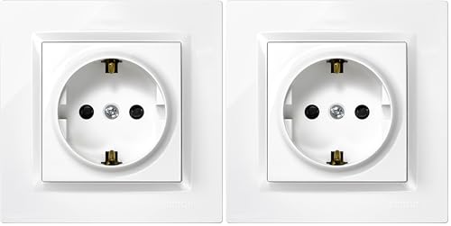 SIMON - Enchufe de Empotrar Schuko, Serie Simon 10, 250V, 16 A, Enchufe de Pared Plano y Fino, Fácil de Instalar, Incluye Marco, Tapa y Mecanismo, Base de Enchufe Hembra Color Blanco (Paquete de 2)