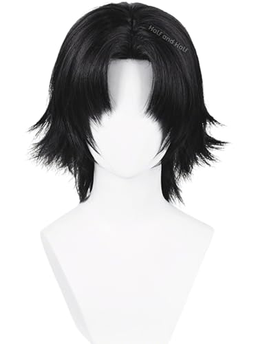 Image of Chrollo Cosplay Wig Short Emo Black Anime Male Wig with Center Part Bangs | Black Layered Costume Wigs Synthetic Hair for Women Unisex Halloween Party
