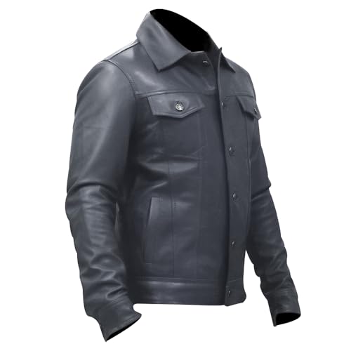 Image of Men's Genuine Leather Trucker Jacket Vintage Motorcycle Black Western Biker Slim Fit Trucker Jacket