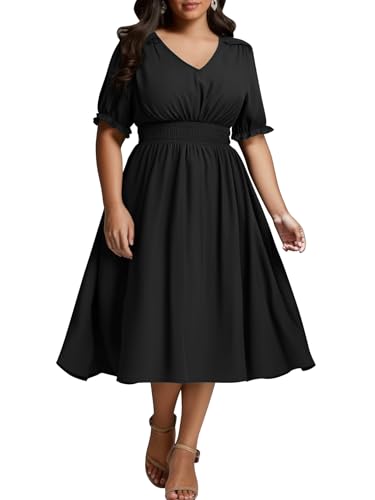 Women's Plus Size Midi Dress Short Sleeve V Neck Smocked Flowy A-Line Boho Wedding Party Dresses