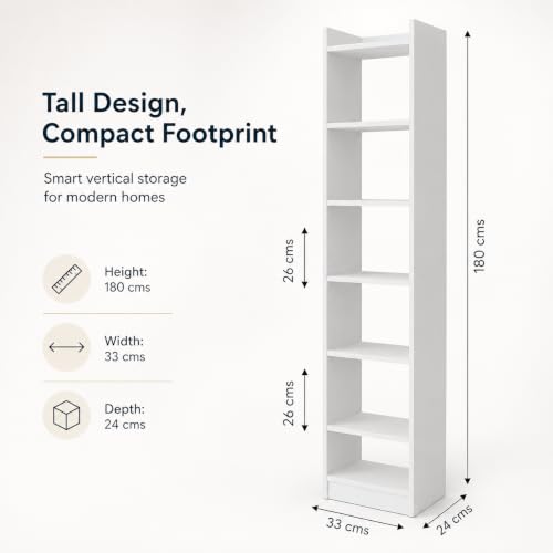 Image of FURLAY SlimTower 180 cm Tall Bookshelf, White 6-Tier Slim Open Shelf Organizer, Space Saving Book Rack for Bedroom, Study Room, Living Room, Office, Kids Room & Decor Storage (FWBS7L-White)