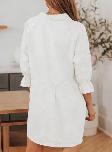 Image of Sidefeel Womens Smocked 3 4 Sleeve Button Down Denim Jeans Dresses