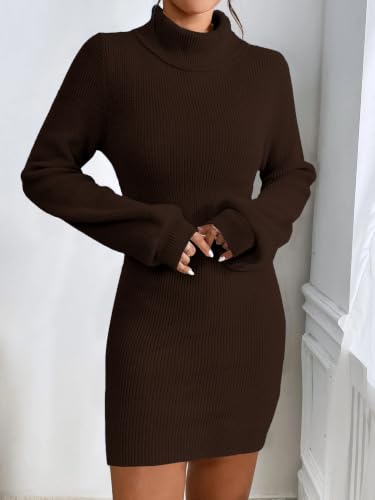 Image of Turtleneck Sweater Dress for Women Lantern Sleeve Mini Bodycon Ribbed Knit Sweater Pullover Short Dresses XS-XXL
