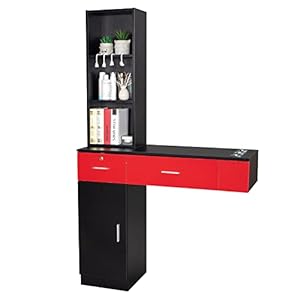 mefeir Wall Mount Hair Styling Barber Station, Beauty Salon Spa Furniture Set, Hair Salon Equipment, 2 Drawers+1Cabinet+3 Shelves (Black&Red)
