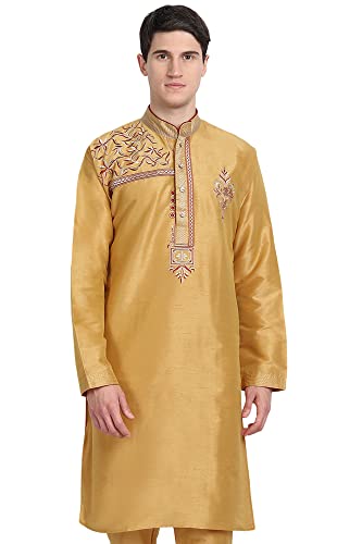 Image of Amazon Brand - Anarva Men Art Silk A-Line Kurta Embroidered Long Kurta