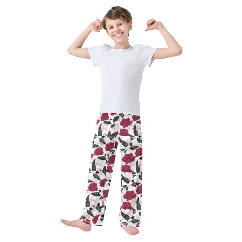 Bird Rose Flowers Boys Long Pants Soft Trousers Elastic Waist Kids Lounge Bottoms with Pockets S-XL2