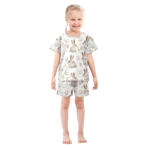 ALAZA Rabbit Bunny Flower White Watercolor Pajamas Set Short Sleeve Cotton Sleepwear Summer Pjs 2 Piece 5-14Y3