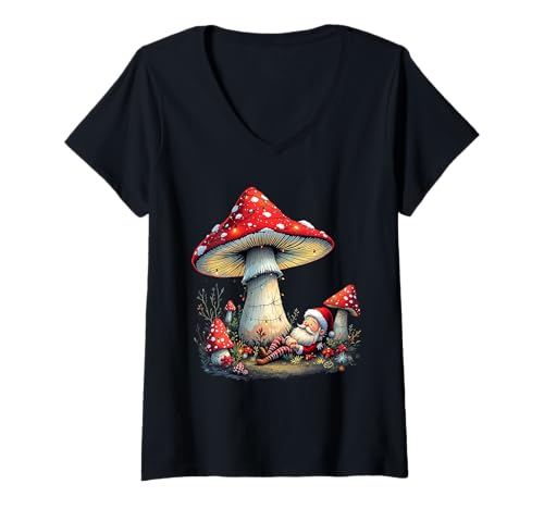 Womens Vintage Merry Christmas Gnome Mushroom Santa Claus V-Neck T-Shirt