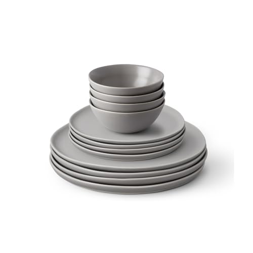 Fable Dinnerware Set - Includes 4 Each of The Dinner Plates, The Salad Plates, and The Breakfast Bowls - Dishwasher Safe, Durable Stoneware Ceramic Plates and Bowls - Dove Gray
