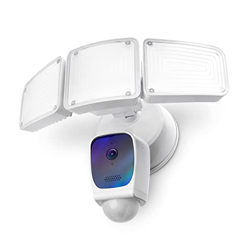 Home Zone Security Triple Head Floodlight Camera – Smart 2.4 GHz 1080P Outdoor Hardwired 3500 Lumen LED Flood Light Camera with 128GB Local Storage Included, White