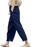 Size M Navy Womens Linen Pants with Pockets High Waist Comfy Navy Gauze Pants for Women Casual Summer Lightweight Loose Embroider Oceanside Trousers Tapered Ninth Pants