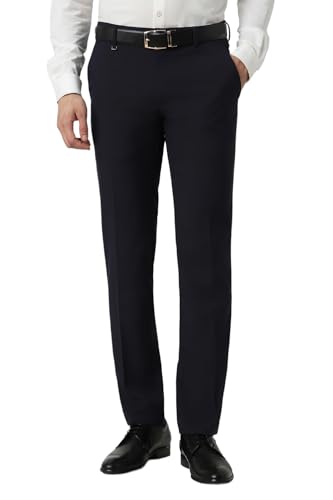 Image of Van Heusen Men Navy Solid Slim Fit Trousers