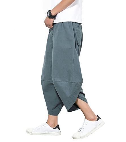 DSJJ Homme Sarouel 3/4 Shorts Bermudas Pantalon Taille Elastique Baggy Large Pantacourt Décontracté Léger Pantalon en Lin (Gris,L (Label XL))